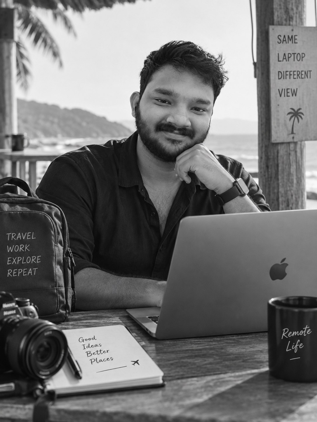 Kamarudheen working at his laptop